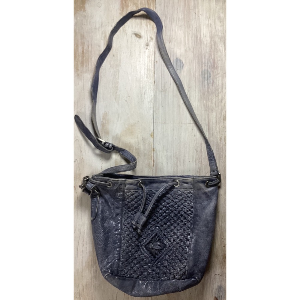 Frye and Co. Blue Woven Leather Drawstring Crossbody Bucket Bag